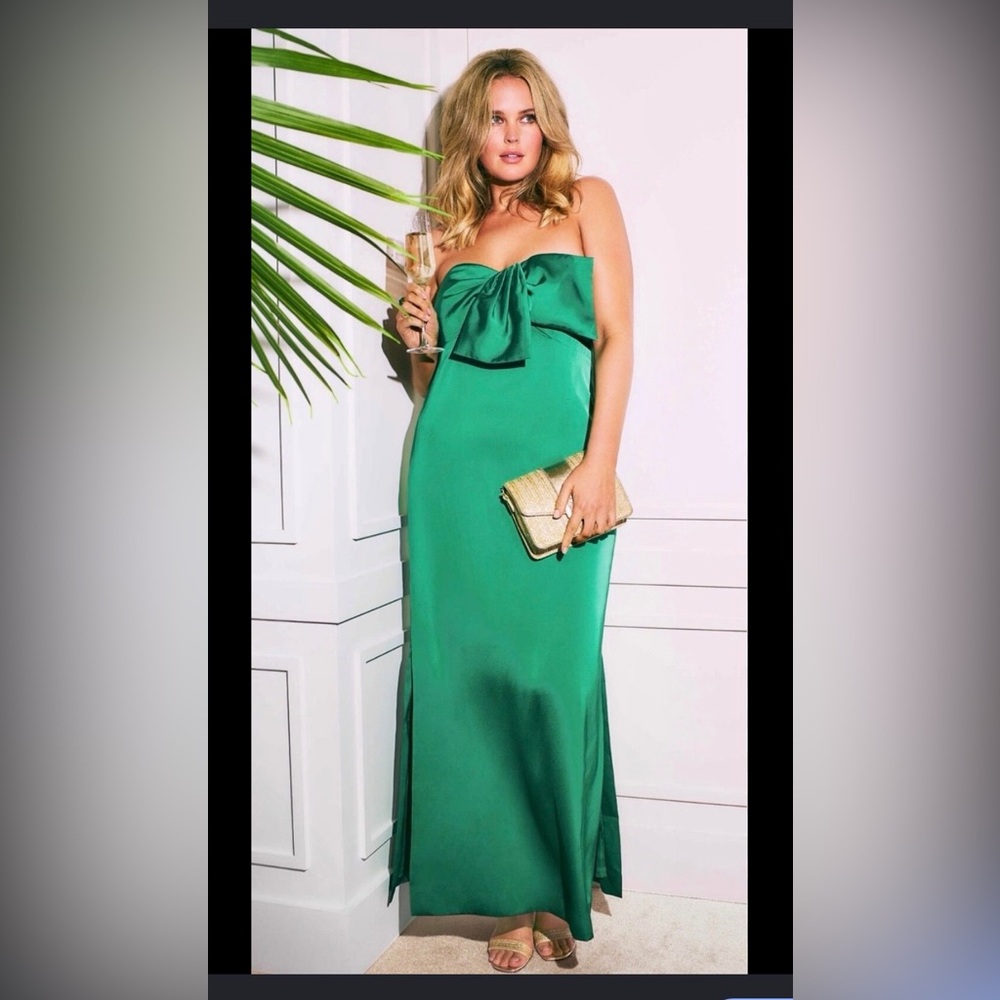 Lilly Pulitzer Carlyn Satin Bow Strapless Emerald Green Gown with Front Bow
